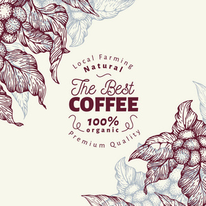 咖啡树横幅模板。矢量插图。老式咖啡的背景。手绘雕刻风格插图