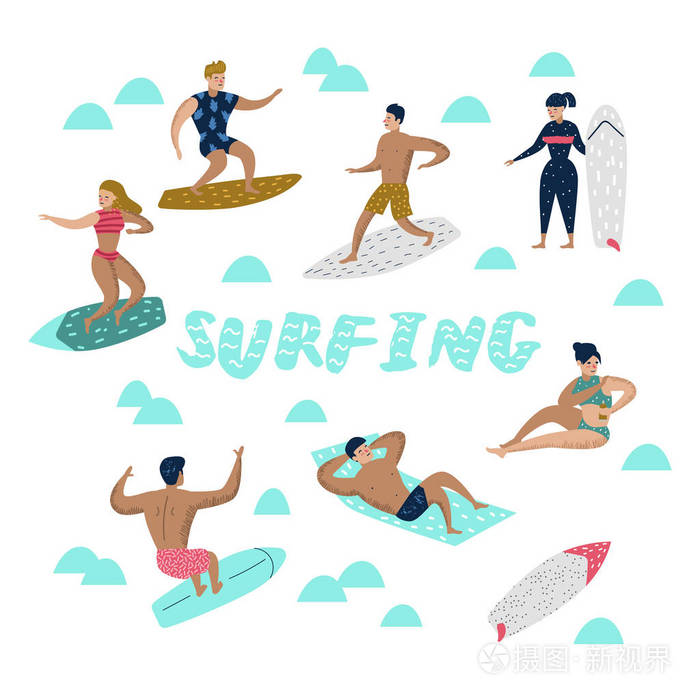 男人和女人卡通冲浪者.水运动概念.矢量插图