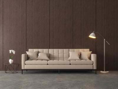 阁楼式客厅3d 渲染。有抛光混凝土地板和木面板墙。配有淡褐色布艺沙发