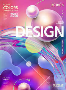 抽象液体颜色海报设计在紫红色色调与旋转液体形状和光泽球, 3d 插图