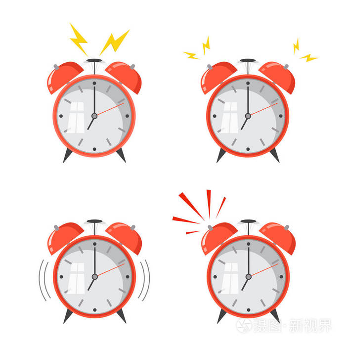 卡通闹钟响了.唤醒早晨的概念.平面设计.背景上隔离的矢量图标