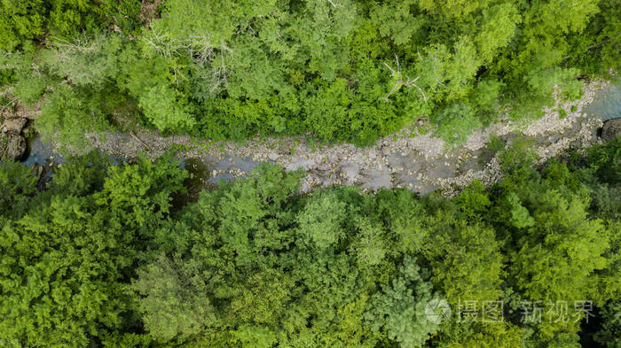空中俯视高加索山脉森林树木和道路.