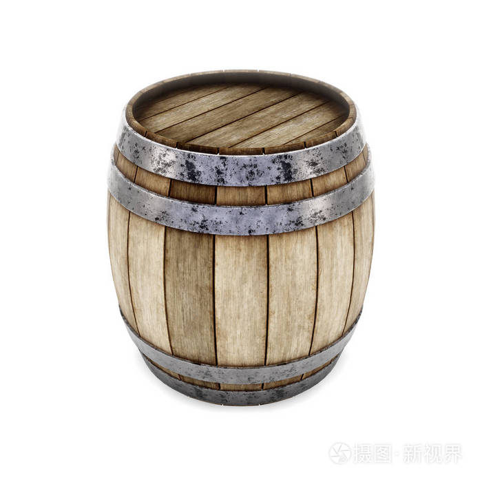木桶与铁箍隔离在白色背景.3d 渲染.在箍上生锈的旧桶.前视图