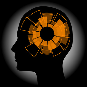 silhouettes 的头与技术齿轮。信息技术业务概念