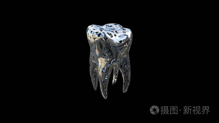 抽象彩色不寻常牙齿(人磨牙 的渲染 里面有蓝色的闪光.黑色隔离