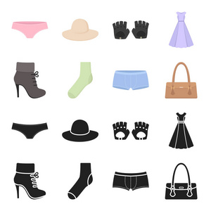 女式靴子, 袜子, 短裤, 女士包。服装套装集合图标黑色, 卡通风格矢量符号股票插画网站