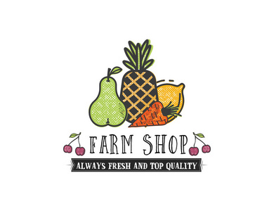水果蔬菜, 素食横幅农场商店, 孤立的颜色矢量图标