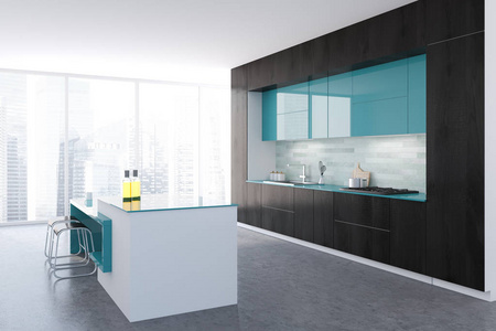黑白全景厨房内饰有混凝土地板, 黑色和蓝色台面和阁楼窗口。3d 渲染模拟