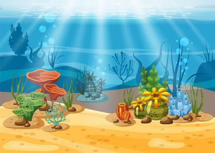 水下插图和生活。海洋生物的美丽。海藻和珊瑚礁美丽多彩, 矢量, 与世隔绝, 卡通风格