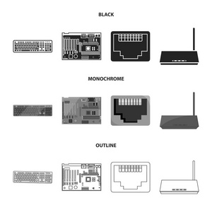 键盘路由器主板和连接器。个人计算机集图标黑色, 单色, 轮廓样式矢量符号股票插画网站