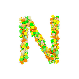 字母 N 大写。由橙色绿色和黄色形状立方体组成的滑稽字体。3d 渲染在白色背景下被隔离