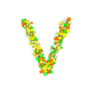 字母 V 大写字母大写。由橙色绿色和黄色形状立方体组成的滑稽字体。3d 渲染在白色背景下被隔离