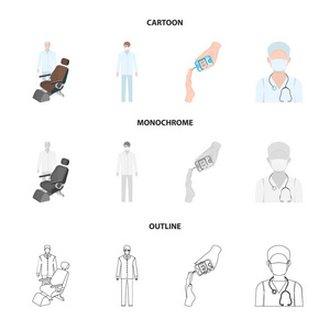 医生在口罩, 牙医, 医务人员, 血液测试糖。Medicineset 集合图标在卡通, 轮廓, 单色风格矢量符号股票插画网站