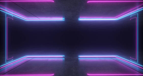 未来科幻支架形状的霓虹灯蓝色和紫色发光灯与反射混凝土地板和天花板暗空空间3d 渲染插图