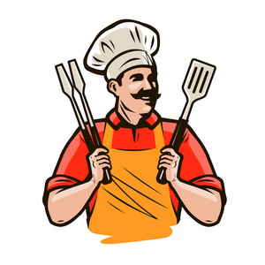 厨师或快乐厨师拿着烧烤工具钳和铲。烧烤, 烤肉串食物。卡通矢量