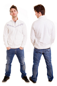 前面和后面的一个年轻人休闲充分的身体站在白色的孤立图片