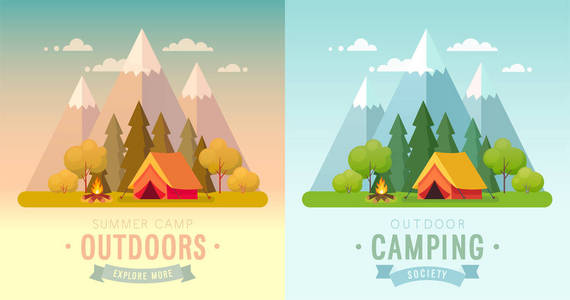 夏季露营日和日落图形海报。横幅与山, 树木, 帐篷和篝火。攀登, 徒步旅行, trakking 运动矢量插画