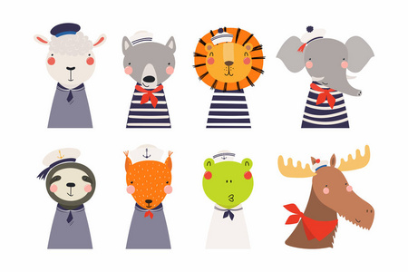 一套可爱有趣的小水手动物, 斯堪的纳维亚风格平面设计, 儿童的概念打印