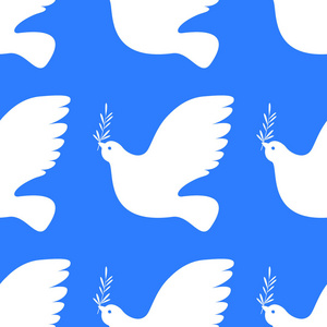 国际和平日。社会节日的概念。白色的鸽子与橄榄树枝。无缝模式。蓝色背景