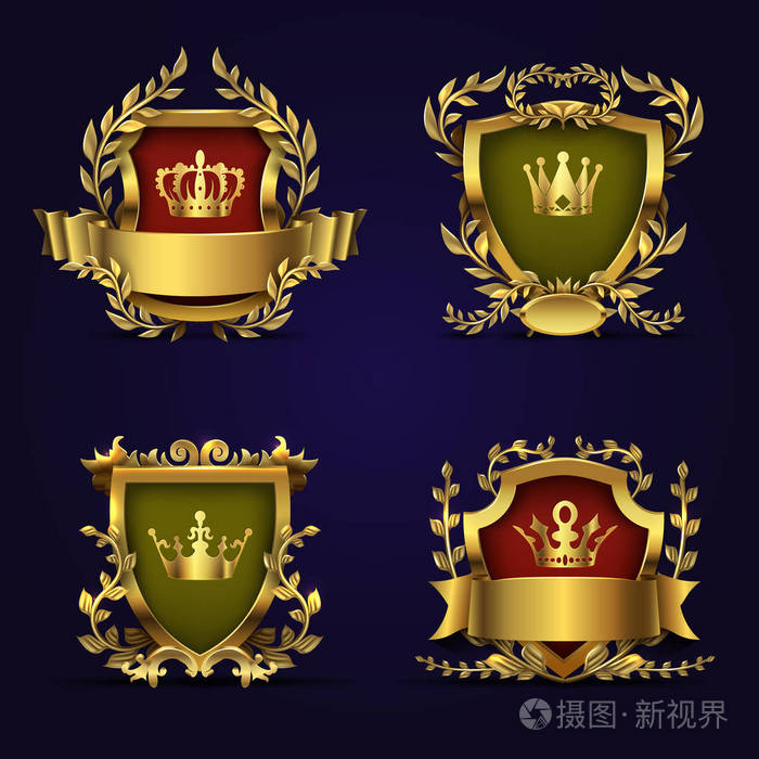 皇家纹章矢量标志维多利亚风格的金色皇冠 盾牌和月桂花环