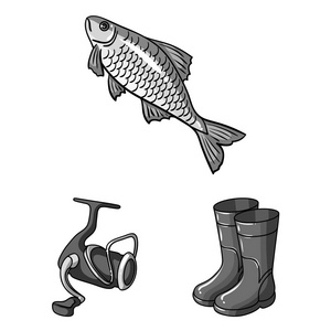 捕鱼和休息的单色图标集的设计。钓鱼矢量符号库的解决方法 web 插图