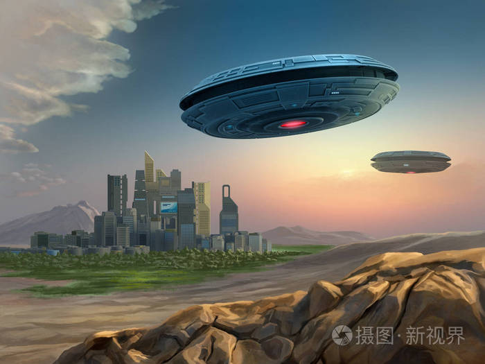 外星人宇宙飞船接近城市数字插画