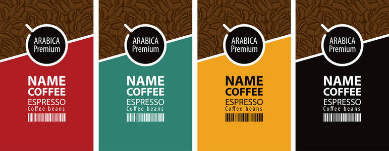 矢量集四咖啡豆标签。咖啡杯和不同颜色背景的条形码标签