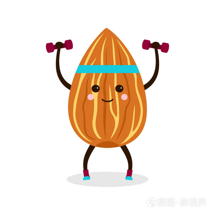 插图与卡通杏仁和哑铃 横幅与坚果做健身