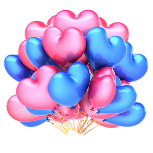 气球心形粉红色蓝色。爱情派对, 生日装饰浪漫光泽。情人节图标。节日庆祝贺卡。3d 插图