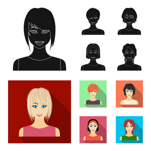 类型的女性发型黑色, 平面图标在集合中设计。妇女的出现矢量符号股票 web 插图