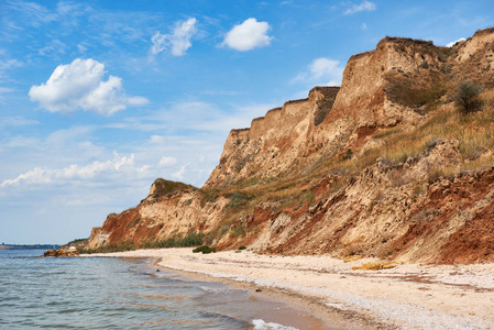 美丽的海夏天风景, 狂放的海滩特写, 海海岸与高山和多云天空