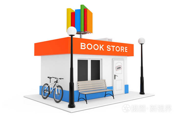 玩具卡通书店或书店大厦门面在白色背景.3d 渲染