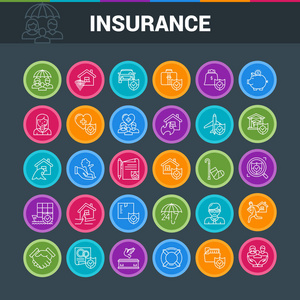 彩色图标设置主题保险。人寿保险, 房子, 钱, 健康, 汽车。矢量插图