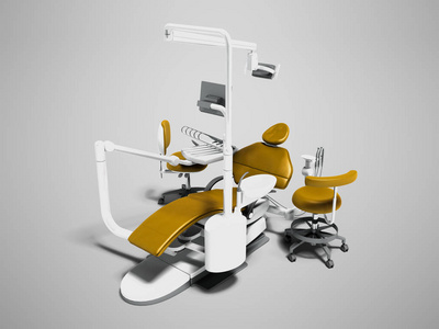 现代金色牙科椅, 带白色镶带显示器的三脚架上有两把椅子3d 渲染灰色背景与阴影