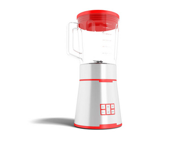 现代红色搅拌器与玻璃碗在金属盒在右边3d 渲染白色背景与阴影