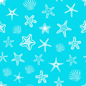 无缝图案与贝壳和海星在蓝色背景。矢量插图