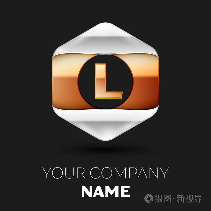 逼真的金色字母 l 标志符号在彩色银金色六角形黑色背景.