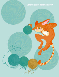 猫和针织球载体。卡通人物滑稽插图