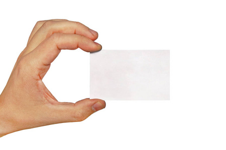 商人手中拿着空白纸名片, 特写在白色背景上被隔离。白色名片在男性手被隔绝在白色背景上