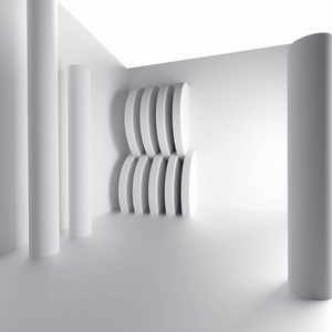 未来的内部背景。白色抽象起居室概念。简约平面设计