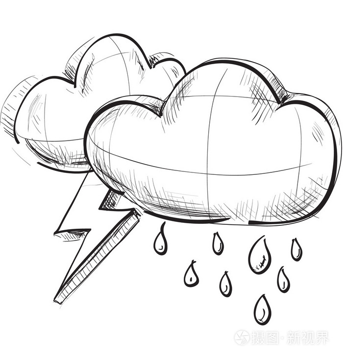 素描天气图标:两朵有闪电和雨滴的云