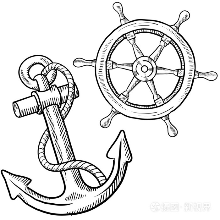 船锚和船上的车轮素描