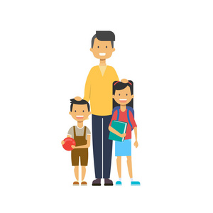 父亲和孩子在白色背景, 树属幸福家庭概念, 平面卡通设计