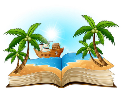 在海滩上用海盗船打开书的矢量插图
