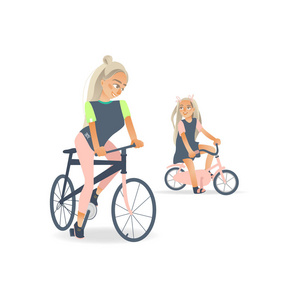 矢量卡通母亲女孩儿童自行车