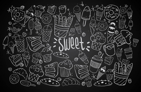 手工绘制的甜食物与刻字素描。涂鸦集, 矢量插图