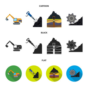 挖掘机隧道电梯采煤机等设备。矿山集合图标在卡通, 黑色, 平面式矢量符号股票插画网站
