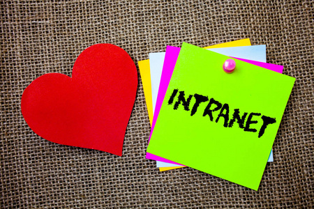 显示 Intranet 的文本符号。概念照片私人网络的公司互联的地方网络想法的事情做消息意向心爱可爱的黄麻背景