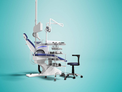 现代概念蓝色扶手椅和牙科设备为3d 渲染后的蓝色背景与阴影