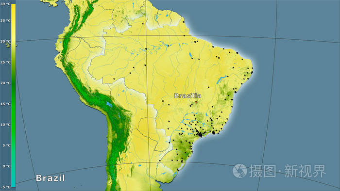 最温暖月份在巴西地区的最大温度在赤极